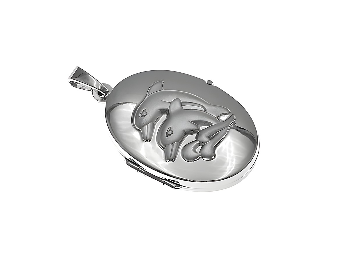 Medaillon mit zwei Delfinen aus rhodiniertem Sterling Silber in ovaler Form, hergestellt von Juwelier Harnisch. Elegantes Design mit detaillierter Gravur.