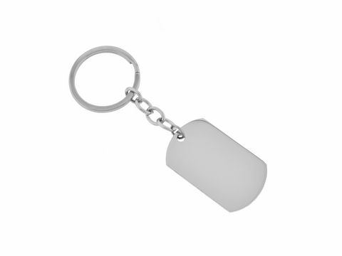 Rechteckiger Schlüsselanhänger aus Edelstahl mit Gravurplatte, Maße 9,5 cm, ideal für individuelle Gravuren, hergestellt von Juwelier Harnisch.