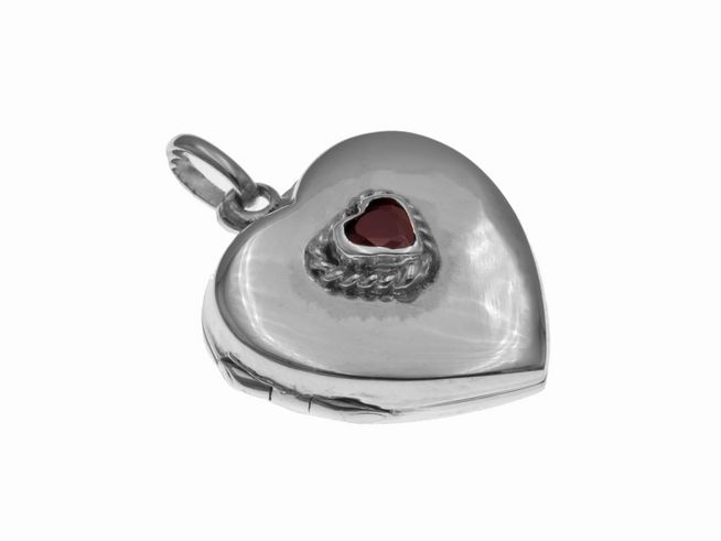 Herzmedaillon mit rotem Stein aus 925 Sterling Silber von Juwelier Harnisch, klassisches Design in Herzform, ideal zum Öffnen und Einlegen kleiner Erinnerungen.