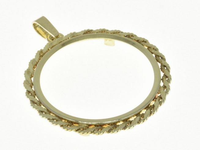 Münzfassung Anhänger aus 585 Gold im Panzermuster, maximaler Münzendurchmesser 22,6 mm, hergestellt von Juwelier Harnisch, elegantes Design für individuelle Münzen.