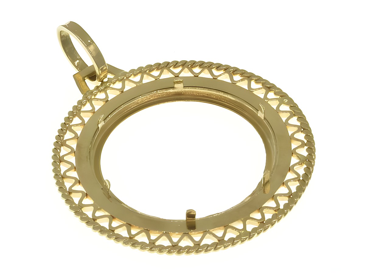 Elegante Münzfassung Anhänger aus 750 Gold, Durchmesser 23,3 mm, hergestellt von Juwelier Harnisch. Fein verzierte äußere Kante, ideal für individuelle Münzen. – Ansicht 3