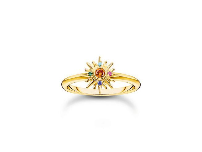 Ring von Thomas Sabo in Silber mit gelbgoldener Vergoldung, Größe 56, mit sonnensymbolischem Design und bunten Steinen, ideal für Festival Vibes.
