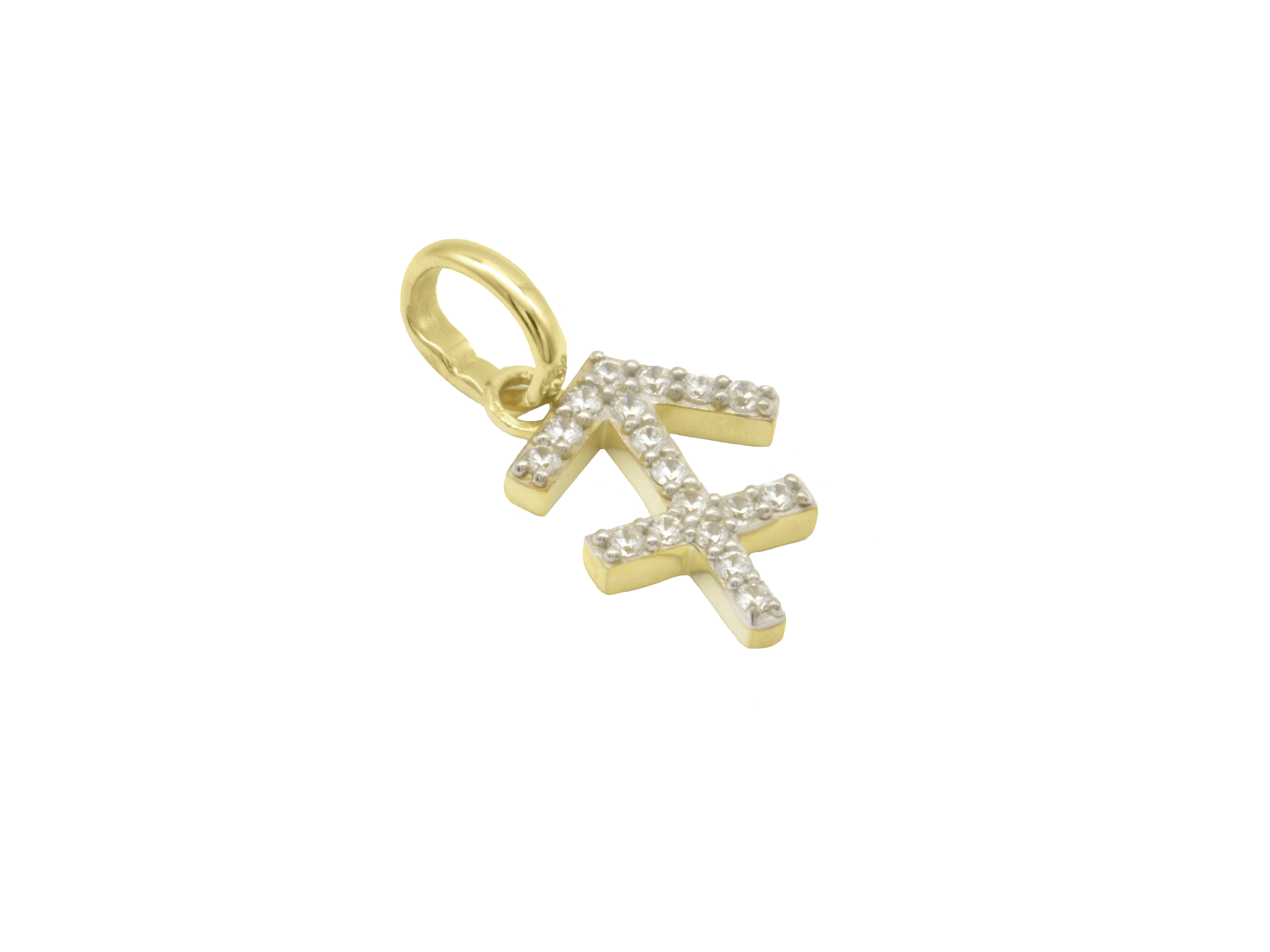 Anhänger im Design des Sternzeichens Schütze aus sterling Silber 925 vergoldet mit polierter Gelbgold-Oberfläche und glitzernden Zirkonia-Steinen, Hersteller Juwelier Harnisch.