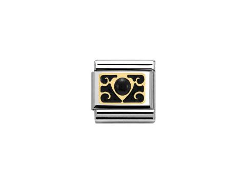 Bicolor Herz aus schwarzem Onyx in einem eleganten Design, umgeben von goldenen Verzierungen und eingefasst in hochwertigem Edelstahl, Teil der Elegance Collection von Nomination.