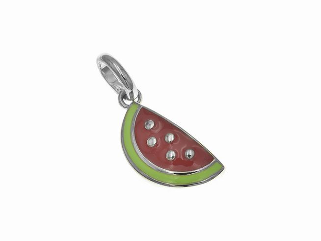 Anhänger aus Sterling Silber in Form einer Wassermelone, poliert und rhodiniert, mit rotem Lack und hellgrüner Umrandung, ideal für Kinder, Hersteller Juwelier Harnisch.