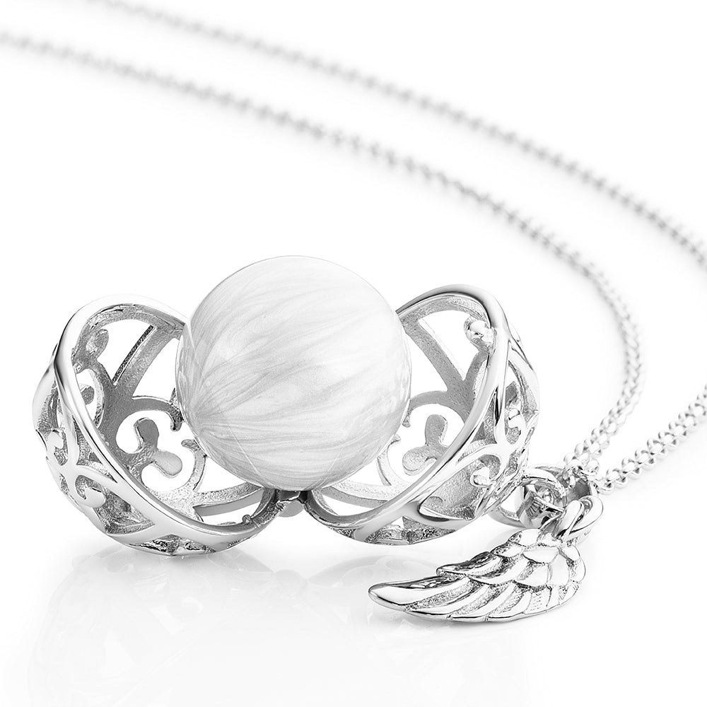 Engelsrufer 45 cm Kette mit Flügel & Klangkugel Anhänger - Silber rhodiniert Perlmutt - Weiß Gr. XS – Ansicht 3
