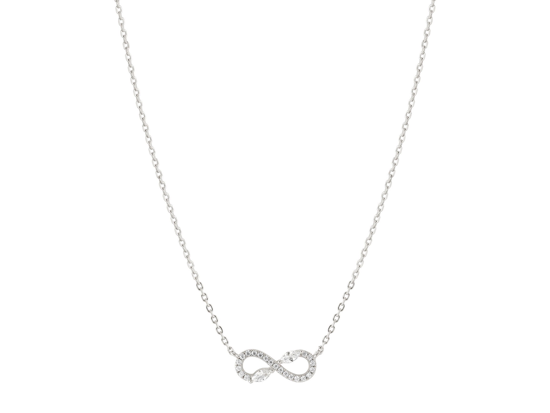 Eine feine Halskette aus Sterling Silber mit einem Infinity-Symbol, besetzt mit Zirkonia, in Weiß und einer Länge von 44 cm, ideal für elegante Anlässe.