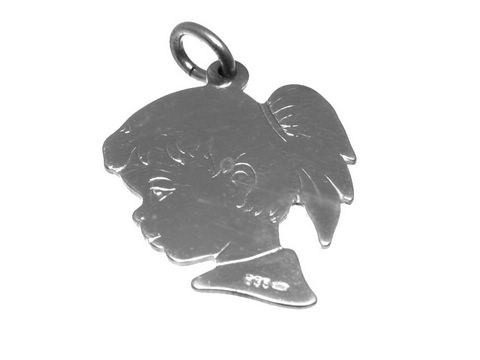 Silber Anhänger rhodiniert in Form eines Mädchengesichts für Geschwister, hergestellt von Juwelier Harnisch, ideal für Kinder.