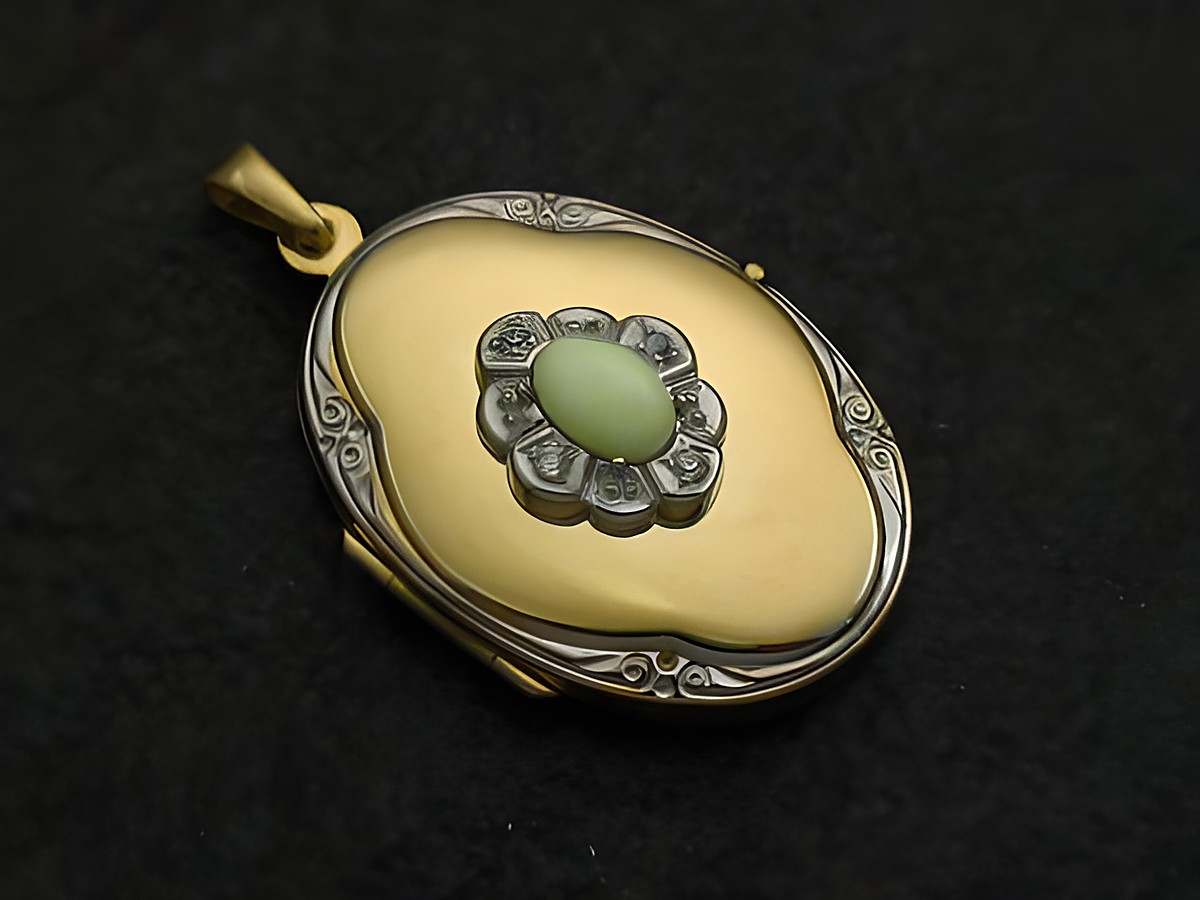 Chrysopras Lemon Medaillon Cabochon in Gold 333 bicolor von Juwelier Harnisch, ovales Design mit floralem Element und grauen Steinen, eleganter Vintage-Stil.
