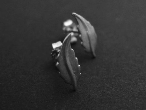 Ohrringe in Federform aus rhodiniertem Sterlingsilber, naturbelassen, Hersteller Juwelier Harnisch, Ohrstecker ohne Stein, elegantes Design für einen zeitlosen Look.