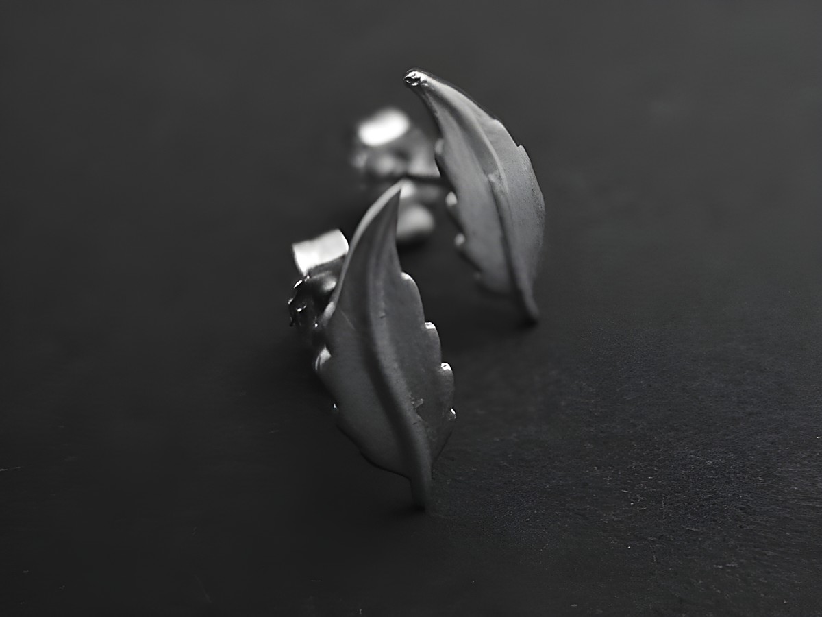Ohrringe in Federform aus rhodiniertem Sterlingsilber, naturbelassen, Hersteller Juwelier Harnisch, Ohrstecker ohne Stein, elegantes Design für einen zeitlosen Look.