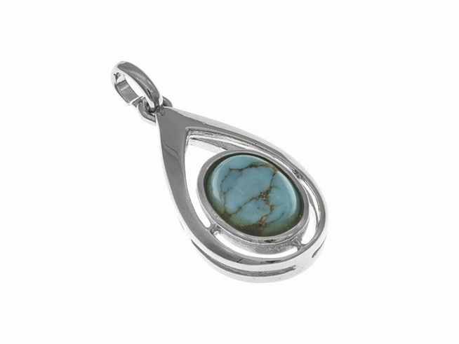 Zauberhafter Anhänger in Tropfenform aus Silber rhodiniert mit einem türkisblaue Stein und weiteren dekorativen Elementen, ideal für eleganten Schmuck.