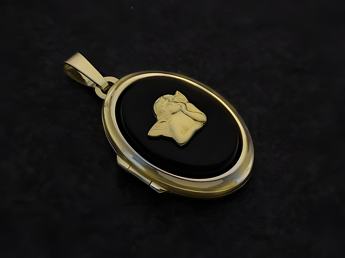 Engel Onyx und Gold Motiv Medaillon Cabochon aus Gold 333, design von Juwelier Harnisch, zeigt einen stilisierten Engel auf schwarzem Onyx-Hintergrund im eleganten ovalen Rahmen.