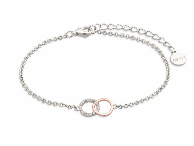 Xenox Sterling Silber Armband XS2932R mit einer Länge von 15-18,5 cm, LUCKY ONES Design, Ankerkette in Roségold Vergoldung mit zwei ineinandergeschlungenen Ringen.