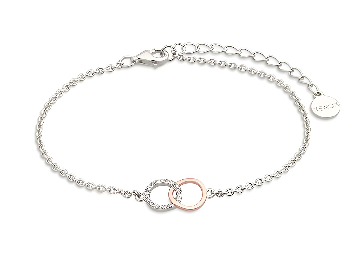 Xenox Sterling Silber Armband XS2932R mit einer Länge von 15-18,5 cm, LUCKY ONES Design, Ankerkette in Roségold Vergoldung mit zwei ineinandergeschlungenen Ringen.