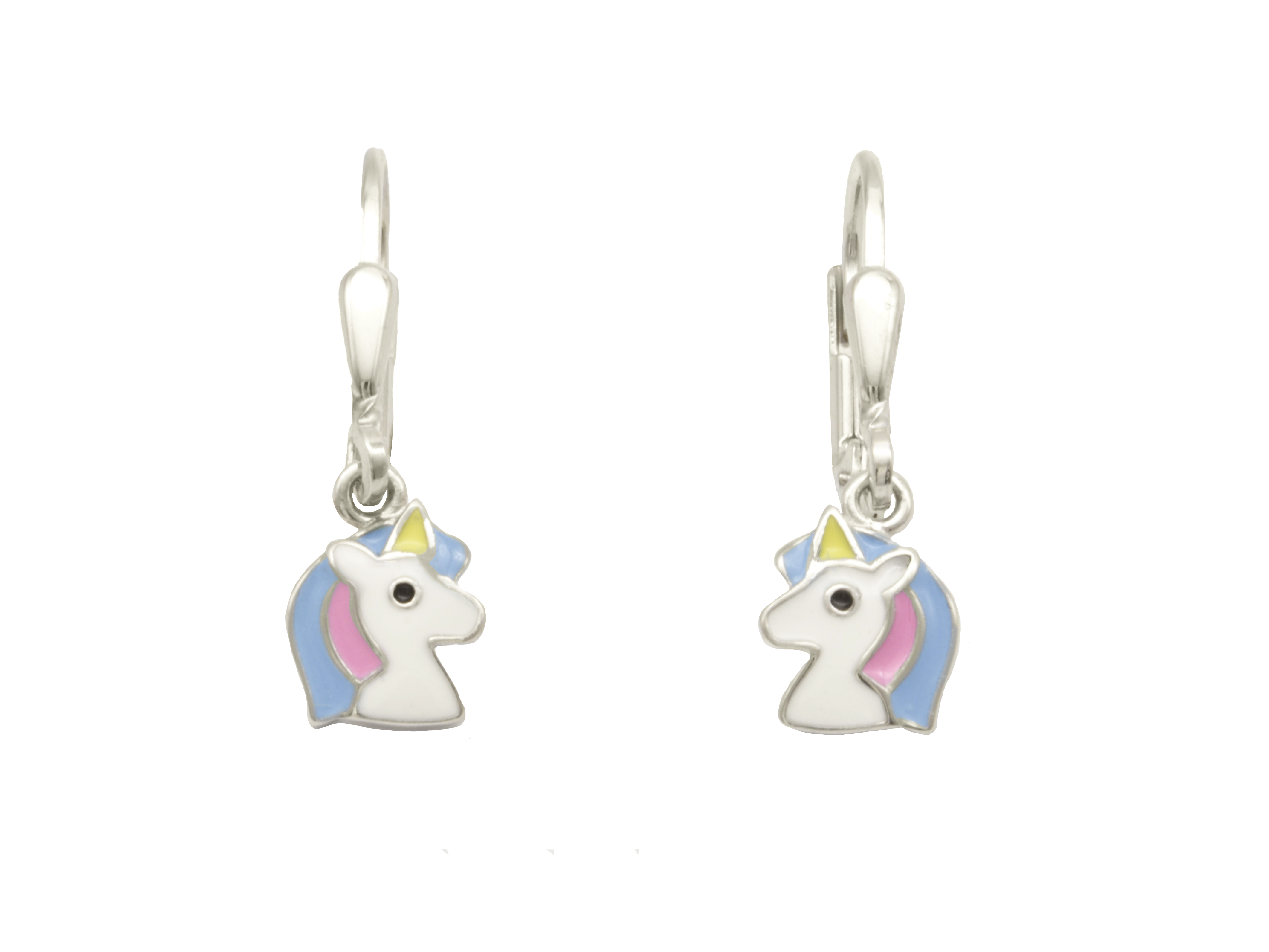 Ohrhänger mit einem Einhornkopfmotiv, aus rhodiniertem Sterling Silber 925, poliert und bunt lackiert, für Kinder, Hersteller Juwelier Harnisch.