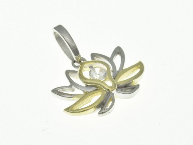 Lotusblüte Anhänger aus Sterling Silber in Bicolor, rhodiniert, mit Zirkonia. Hersteller Juwelier Harnisch, stilvolles Pflanzenmotiv.