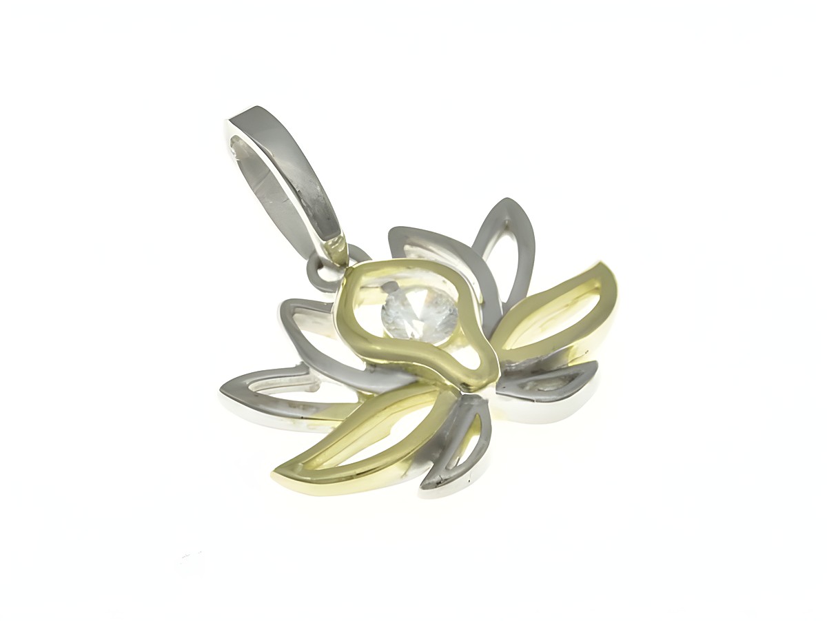 Lotusblüte Anhänger aus Sterling Silber in Bicolor, rhodiniert, mit Zirkonia. Hersteller Juwelier Harnisch, stilvolles Pflanzenmotiv.
