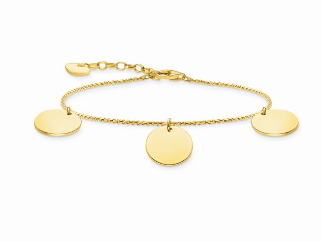 Vergoldetes Armband von Thomas Sabo in Gelbgold mit drei runden, hängenden Plättchen, verstellbar von 16 bis 19 cm, elegantes Design. Ideal als modisches Accessoire.