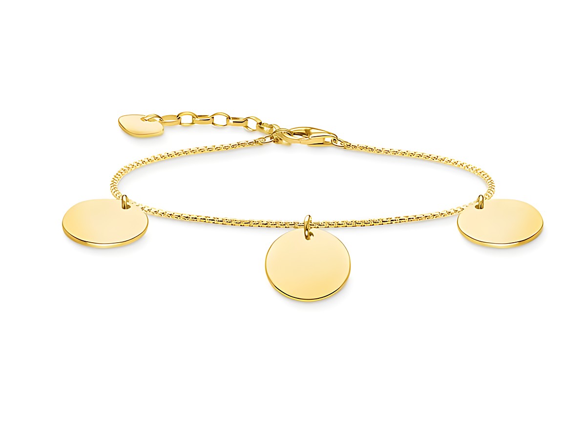 Vergoldetes Armband von Thomas Sabo in Gelbgold mit drei runden, hängenden Plättchen, verstellbar von 16 bis 19 cm, elegantes Design. Ideal als modisches Accessoire.