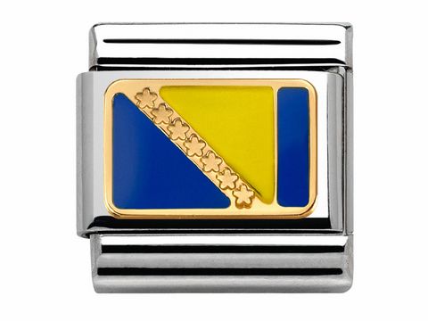 Classic Bosnien und Herzegowina Charm mit goldener und emaillierter Flagge, kombiniert mit blauen und gelben Farben sowie stilisierten Sternen, geeignet für Nomination Armbänder.