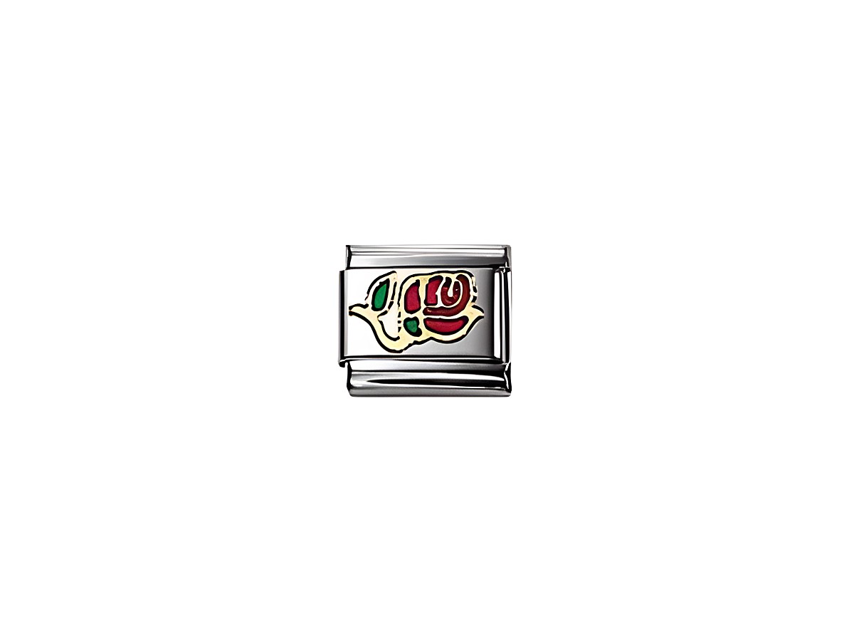 Emailliertes Charm von Nomination Classic NATURE mit einer roten Rose, hergestellt aus Edelstahl und mit bunten Details in grüner und roter Farbe.