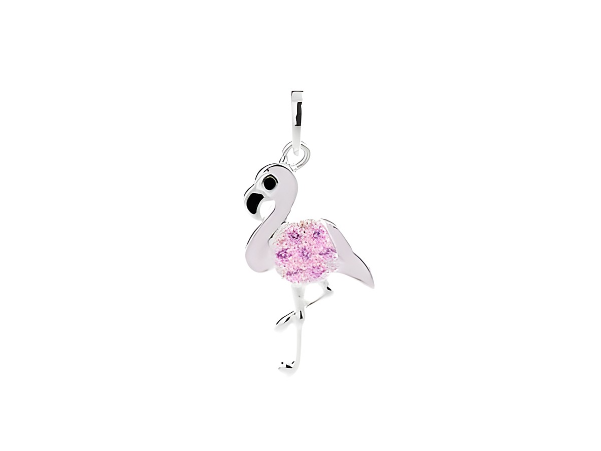 Flamingo Anhänger aus Silber mit rosa Zirkonia, im designvollen Stil. Der Anhänger zeigt einen süßen Flamingo in Pink und Weiß, ideal für Tierliebhaber. Hersteller: Juwelier Harnisch.