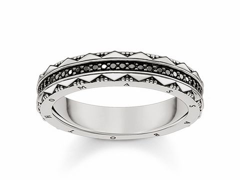 Schwarzer Ring von Thomas Sabo, Modell TR2106-643-11-58, Größe 58, mit Zirkonia-Besatz, aus geschwärztem Silber, elegantes Design mit strukturierten Verzierungen.
