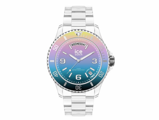 Die Ice Watch ICE clear sunset zeigt ein farbenfrohes Ziffernblatt mit einem Farbverlauf von Gelb zu Blau, einem klaren Gehäuse und einem Armband aus transparentem Material, ideal für jeden Anlass.