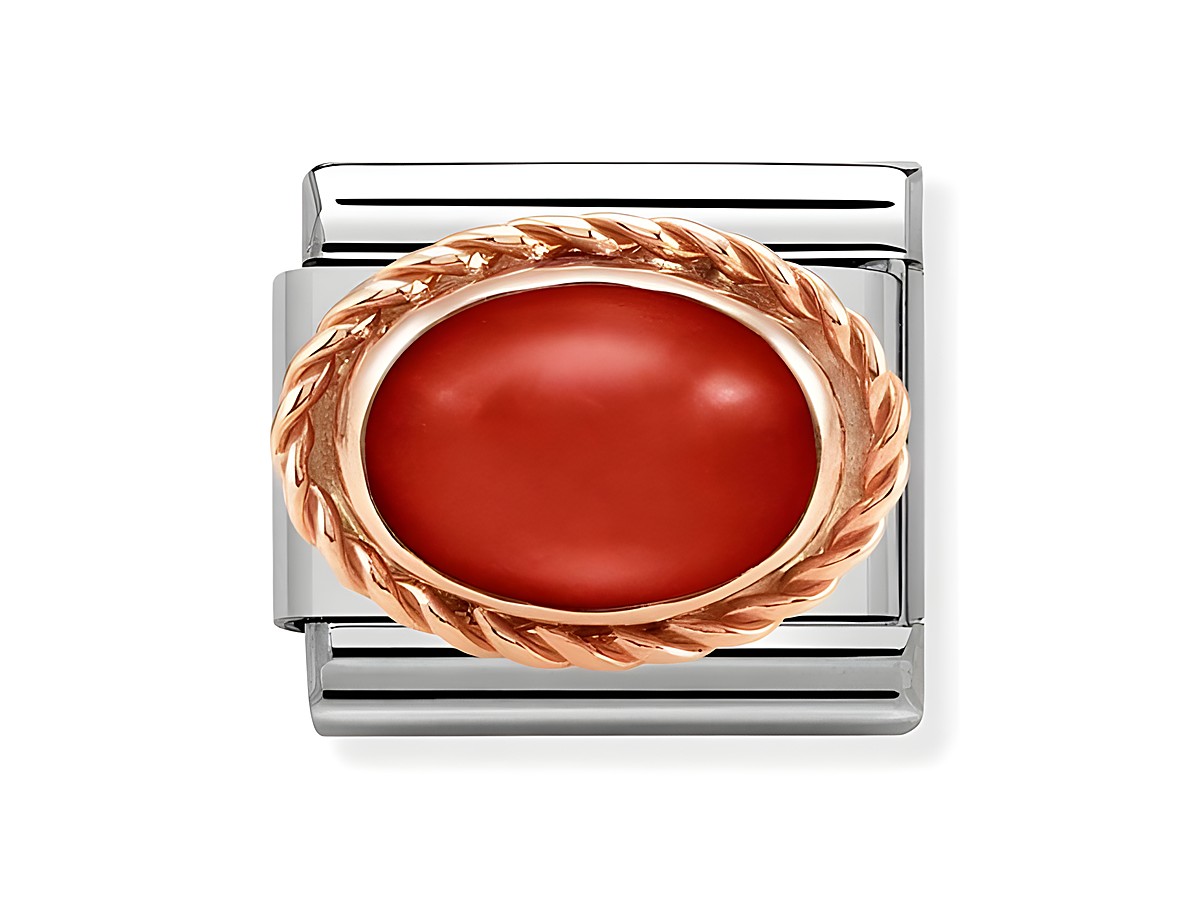 Elegantes Nomination Classic Roségold Element mit Kordel aus Koralle rot und funkelnden Steinen, ideal für eine stilvolle Schmuckkollektion.