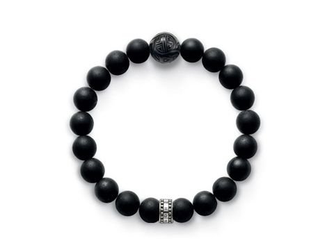 Silbernes Thomas Sabo Armband A1085-023-11-L mit Obsidian, bis 20 cm, besteht aus schwarzen Perlen und einem dekorativen silbernen Element in der Mitte.