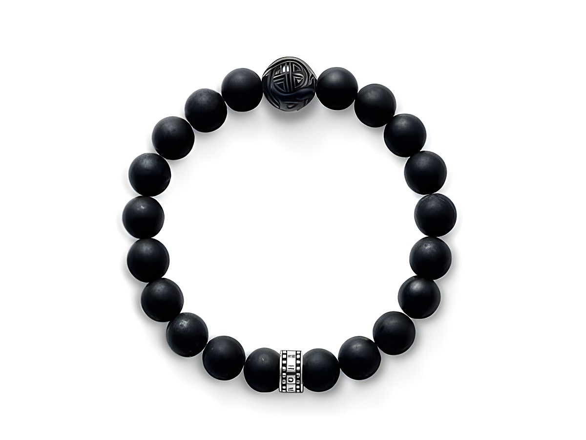 Silbernes Thomas Sabo Armband A1085-023-11-L mit Obsidian, bis 20 cm, besteht aus schwarzen Perlen und einem dekorativen silbernen Element in der Mitte.