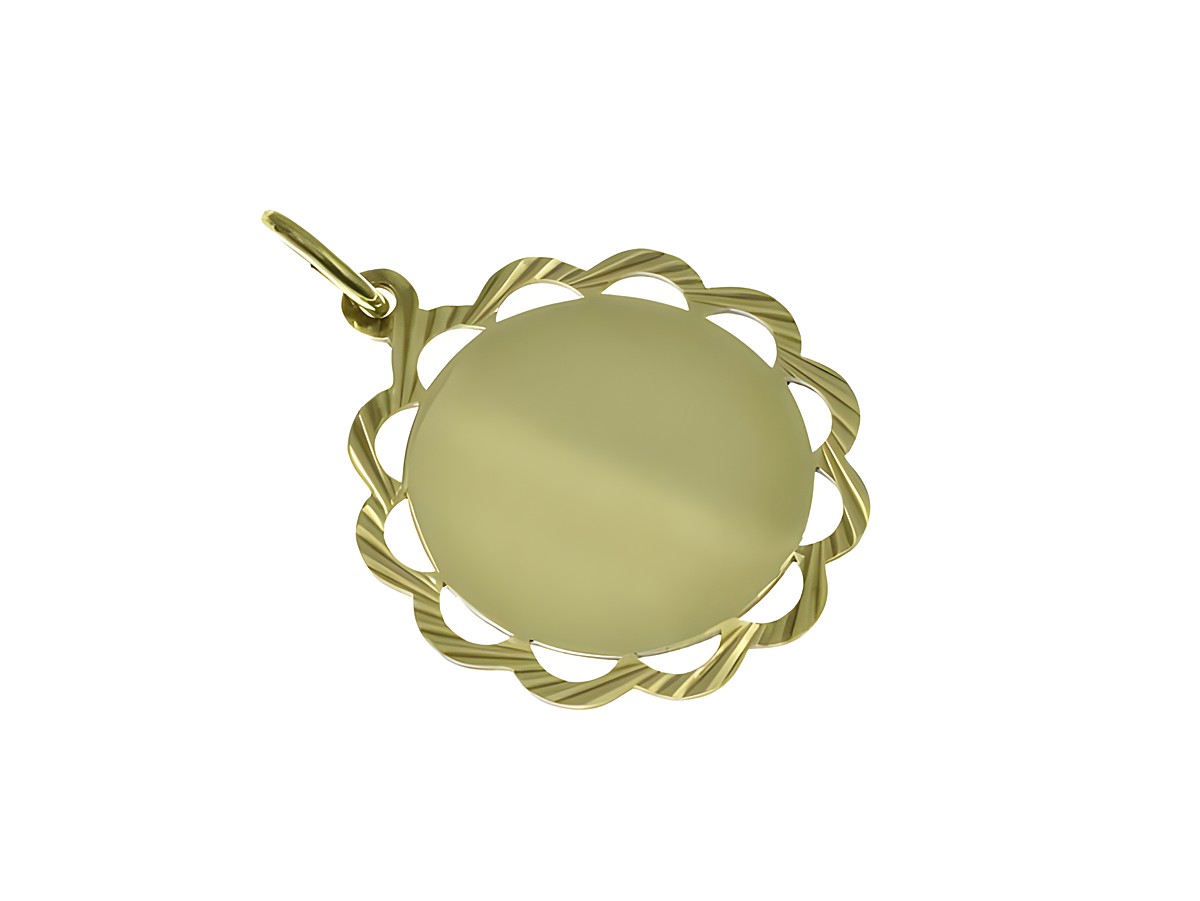 Geschwungener Rand - Gravurplatte - Gold 333, Hersteller: Juwelier Harnisch, Gravuren; elegante gravierbare Medaille mit floralen Ornamenten und glatter Oberfläche, ideal für persönliche Widmungen.
