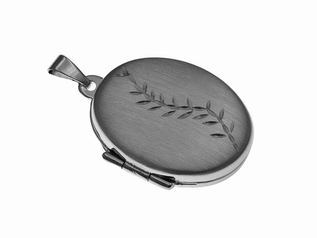 Silber Medaillon oval - mattiert - Muster - rhodiniert, Hersteller Juwelier Harnisch, mit dezentem Blattmotiv auf der Oberfläche, elegant und zeitlos, ideal als persönliches Schmuckstück.