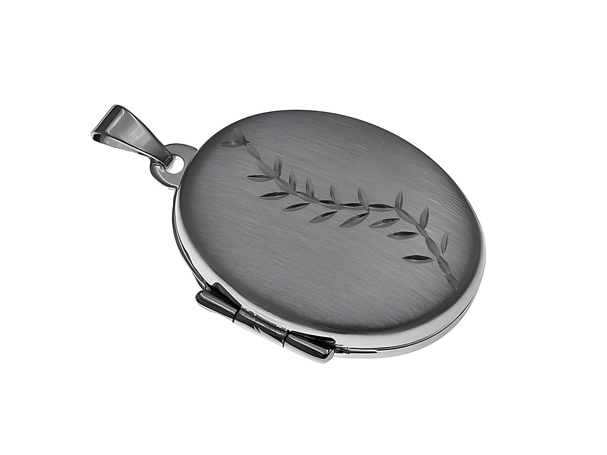 Silber Medaillon oval - mattiert - Muster - rhodiniert, Hersteller Juwelier Harnisch, mit dezentem Blattmotiv auf der Oberfläche, elegant und zeitlos, ideal als persönliches Schmuckstück.