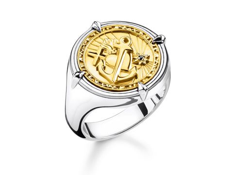 Ring von Thomas Sabo in gelbgoldfarben mit Anker-Motiv und einem funkelnden Stein, Edelstahl, Größe 56, Modell TR2246-849-39-56, elegant und auffällig.