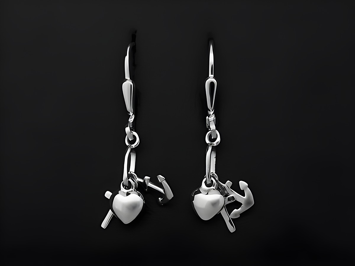 Silber Ohrringe mit den Motiven Glaube Liebe Hoffnung, rhodiniert, von Juwelier Harnisch, Ohrhänger mit stein. Elegantes Design mit herzförmigem Anhänger und weiteren Details.