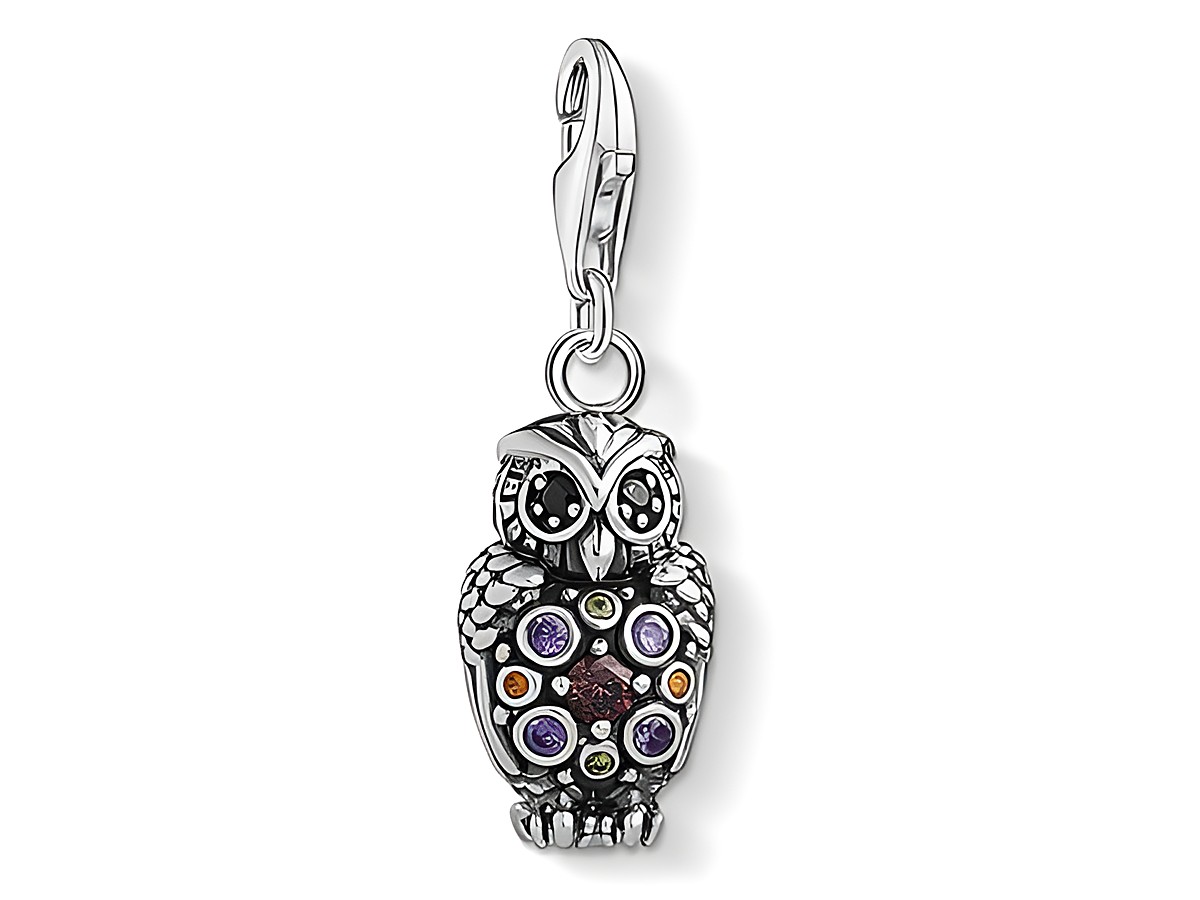 Charm-Anhänger Eule aus Silber von Thomas Sabo, Modell 1479-643-7, kunstvoll verziert mit bunten Steinen und liebevoll gestaltet, ideal für individuelle Schmuckstücke.