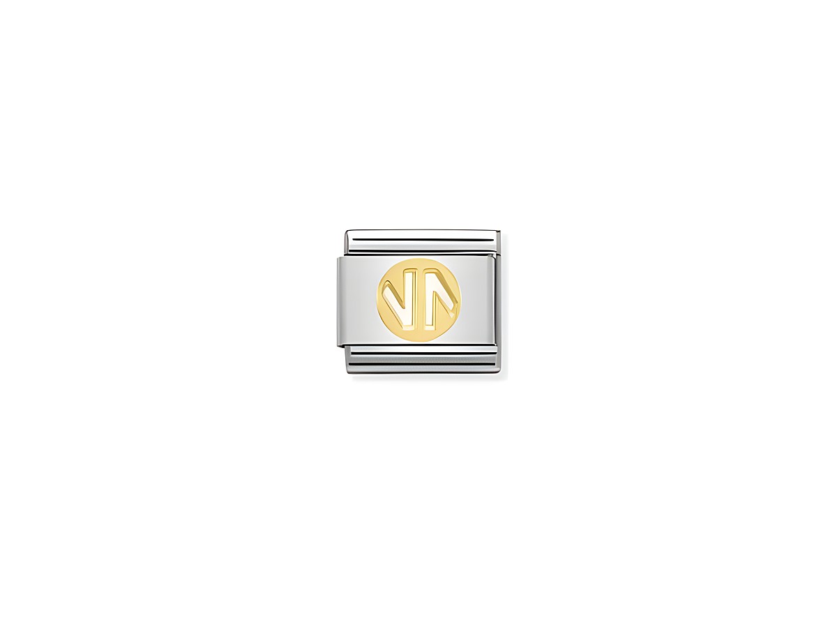 Ein elegantes Charm aus der Elegance Collection von Nomination, gefertigt aus Edelstahl mit einem goldenen Symbol in der Mitte, ansprechend im bicolor Design. Ideal für individuelle Armbänder.