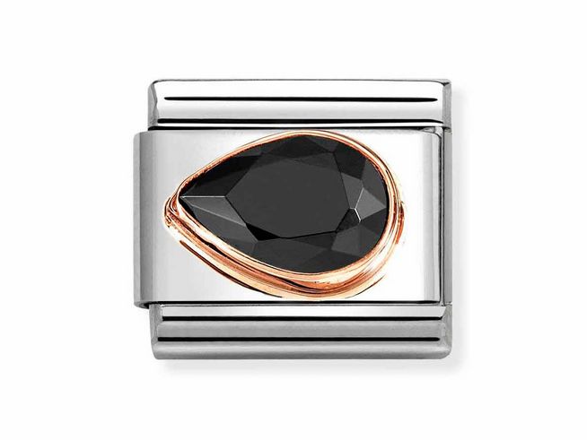 Elegantes Nomination Classic Armbandglied in Schwarz mit Zirkonia in Tropfenform, umgeben von roségoldener und Edelstahl-Umrandung, perfektes Accessoire für stilvolle Looks.