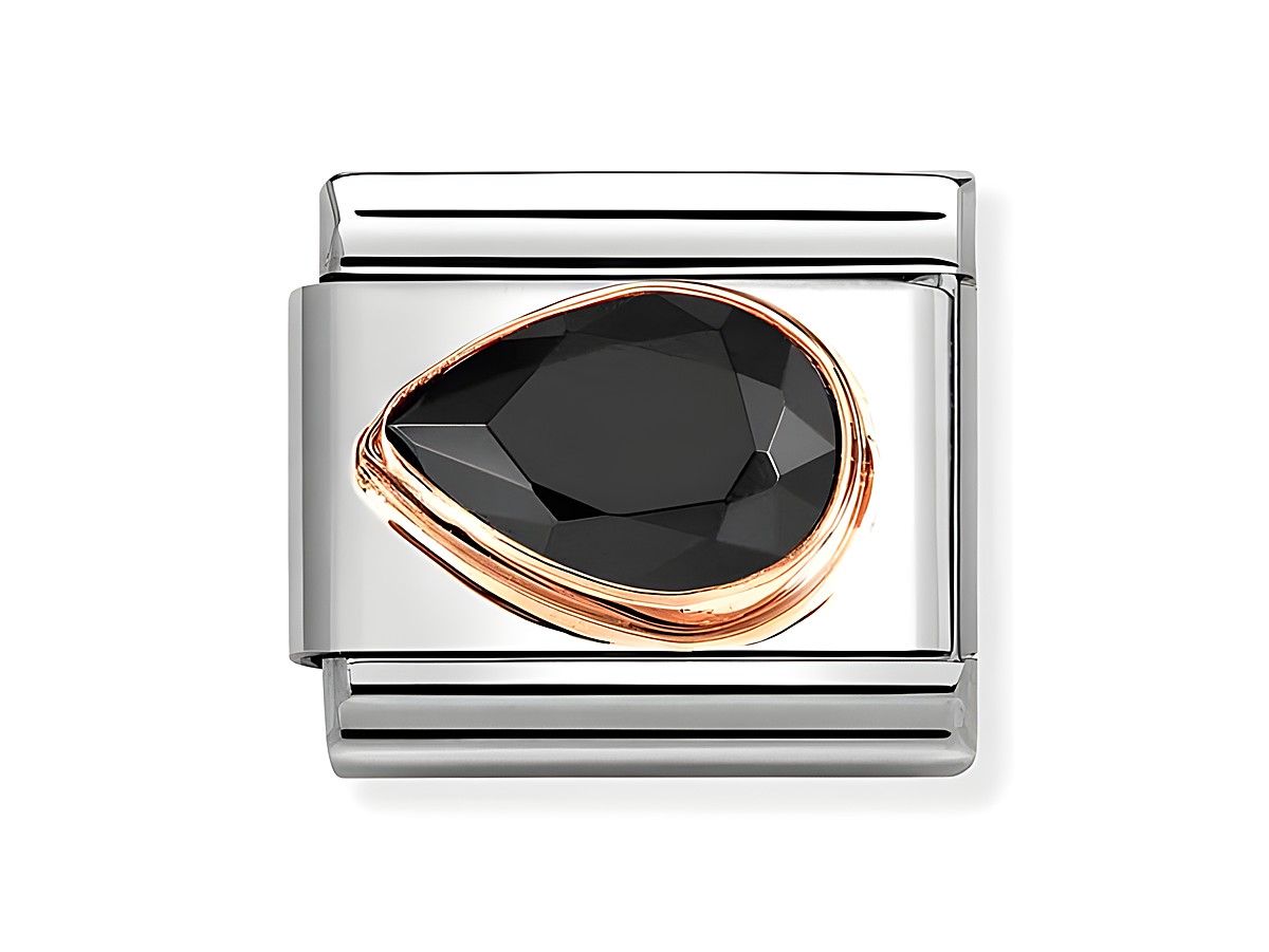 Elegantes Nomination Classic Armbandglied in Schwarz mit Zirkonia in Tropfenform, umgeben von roségoldener und Edelstahl-Umrandung, perfektes Accessoire für stilvolle Looks.