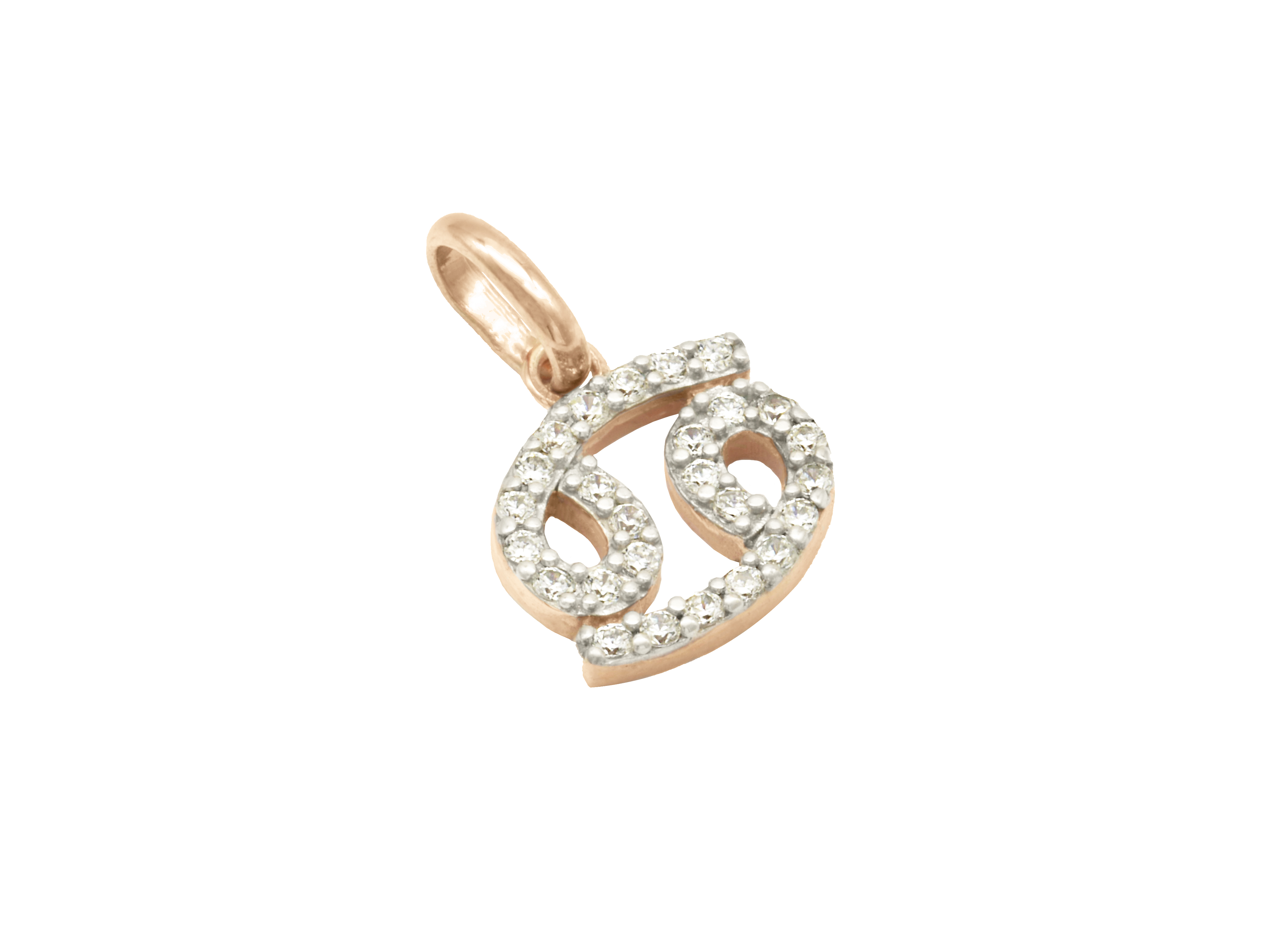Ein Anhänger in Form des Sternzeichens Krebs aus 925er Sterling Silber, vergoldet in Roségold und poliert, verziert mit funkelnden Zirkonia-Steinen. Ideal für Sternzeichenliebhaber.