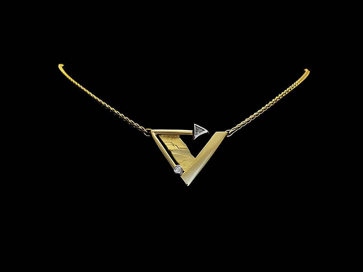 Gold Collier mit Zopf und Dreiecks Design aus 333 Gold, verziert mit Zirkonia, Länge 45 cm, Hersteller: Juwelier Harnisch, elegant und modern im Mittelteil gestaltet.