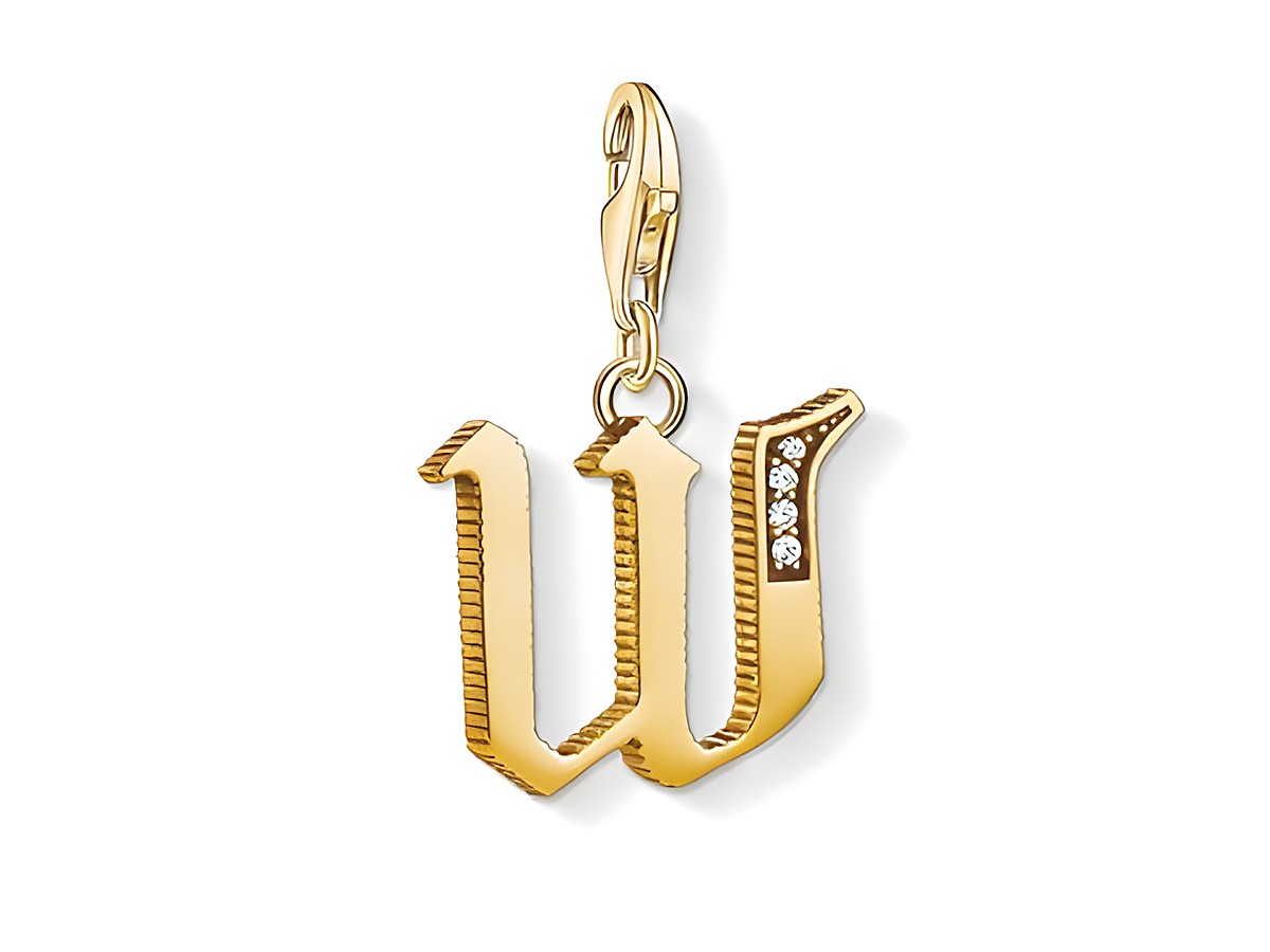 Charm-Anhänger Buchstabe W von Thomas Sabo in vergoldeter Ausführung mit kleinen glitzernden Steinen, ideal zum Personalisieren von Schmuckstücken.