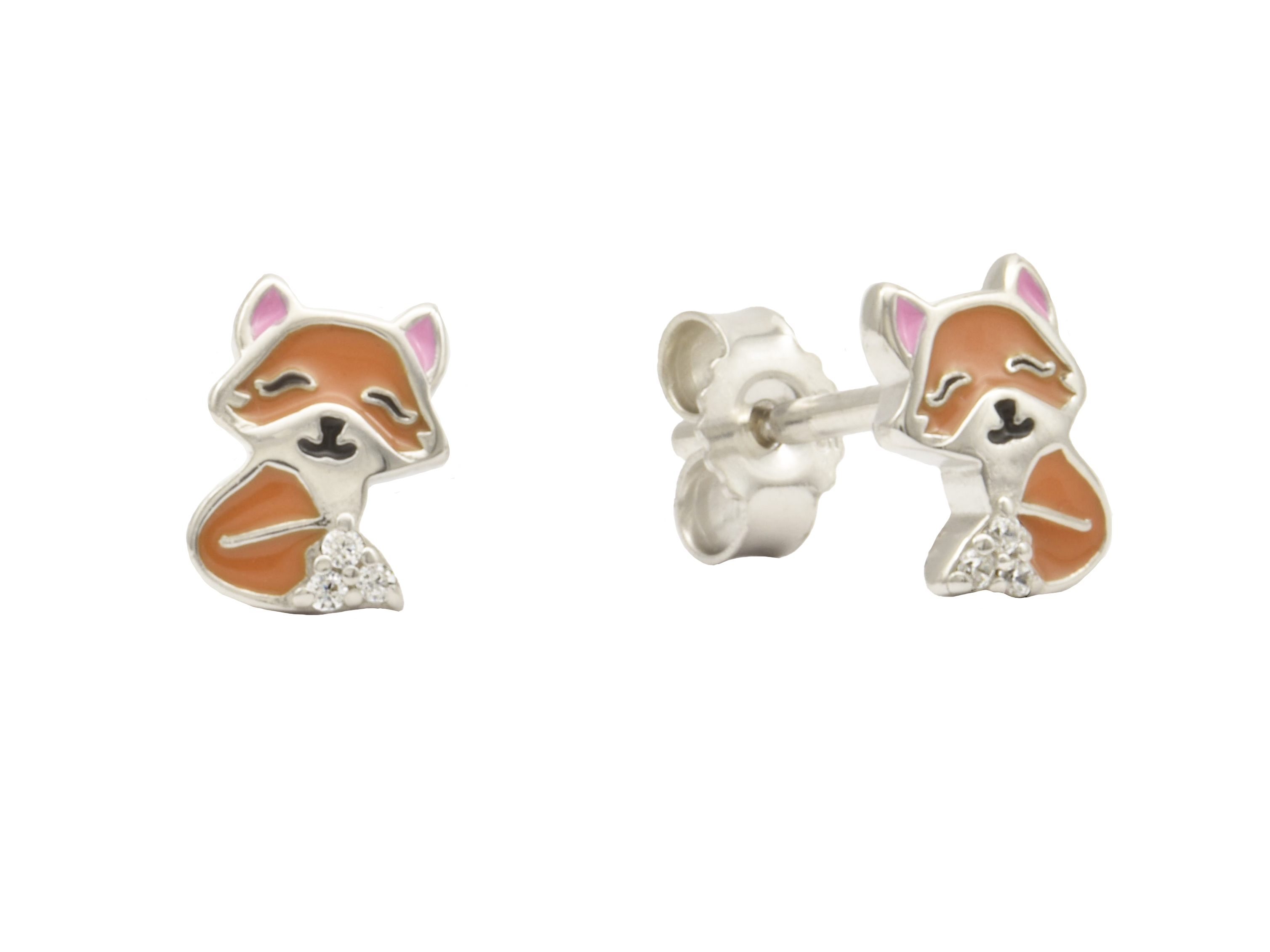 Ohrstecker Fuchs Kinderschmuck aus Sterling Silber 925 rhodiniert und poliert mit braunem Lack, ideal für Kinder, hergestellt von Juwelier Harnisch.