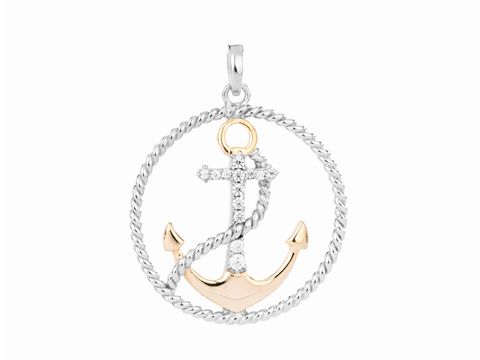 Anker mit Seil Anhänger aus rhodiniertem Silber und bicolor Gold, verziert mit weißen Zirkonia, hergestellt von Juwelier Harnisch, ideal für maritime und seefahrtsliebende Schmuckfans.