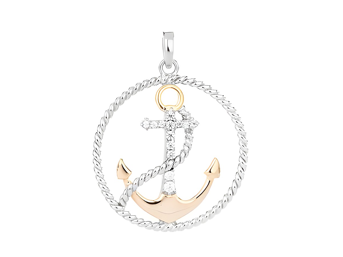 Anker mit Seil Anhänger aus rhodiniertem Silber und bicolor Gold, verziert mit weißen Zirkonia, hergestellt von Juwelier Harnisch, ideal für maritime und seefahrtsliebende Schmuckfans.