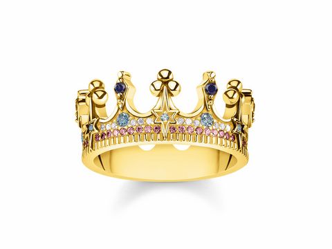 Ein goldfarbener Ring in Größe 54 mit Krönchen-Design und bunten Zirkonia-Steinen. Der Ring gehört zur Glam & Soul Kollektion von Thomas Sabo.