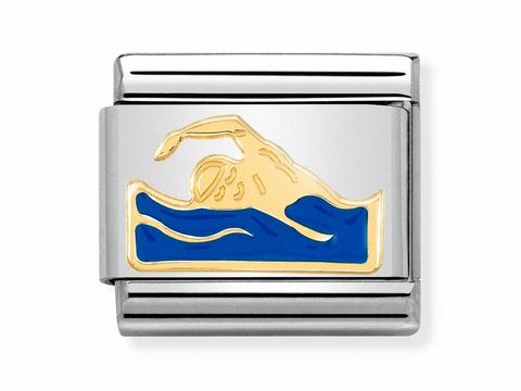 Emaillierte Goldschnitt-Medaille mit Schwimmer-Motiv auf blauem Hintergrund, hergestellt von Nomination, Modell Classic 030259 18, hochwertigen Materialien.
