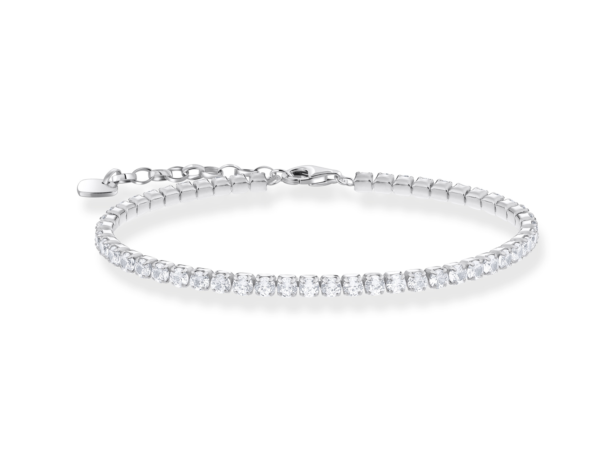 Weißes Armband von Thomas Sabo mit funkelnden Zirkonia-Steinen, gefertigt aus Silber. Die Länge ist einstellbar von 16 bis 19 cm und ideal für eleganten Schmuck.